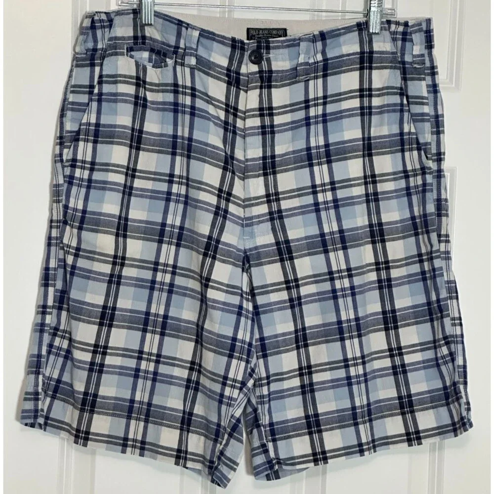 Vintage Polo Jeans Ralph Lauren Plaid Shorts Men's 34 Blue White 100% Cotton